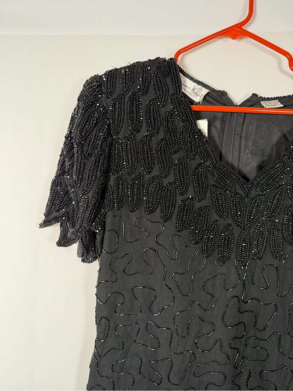 Vintage 80s Laurence Kazar Black Silk Beaded V-Neck Cocktail Mini Dress - Picture 5 of 10